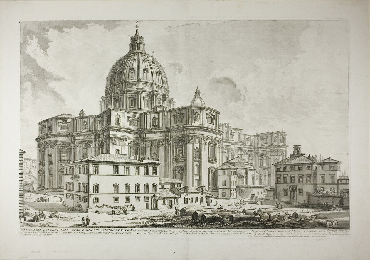 Zicht op de buitenkant van de Sint-Pietersbasiliek in het Vaticaan, van Views of Rome door Giovanni Battista Piranesi