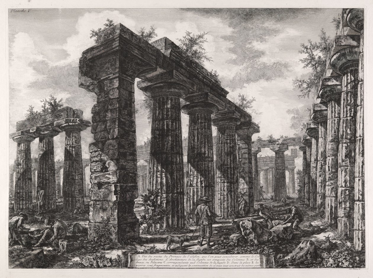 Gezicht op de resten van de pronaos van het gebouw, dat als het college van de Amphictyonen kan worden beschouwd, uit Verschillende gezichten van Paestum door Giovanni Battista Piranesi