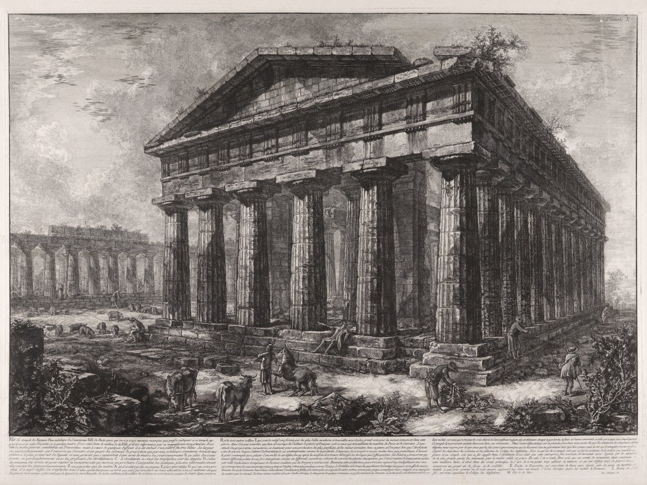 Gezicht op de tempel van Neptunus, beschermgod van de antieke stad Pesto, hoewel er geen enkel teken te zien is dat zou kunnen aangeven of deze tempel aan deze godheid of aan een andere toebehoorde ... door Giovanni Battista Piranesi