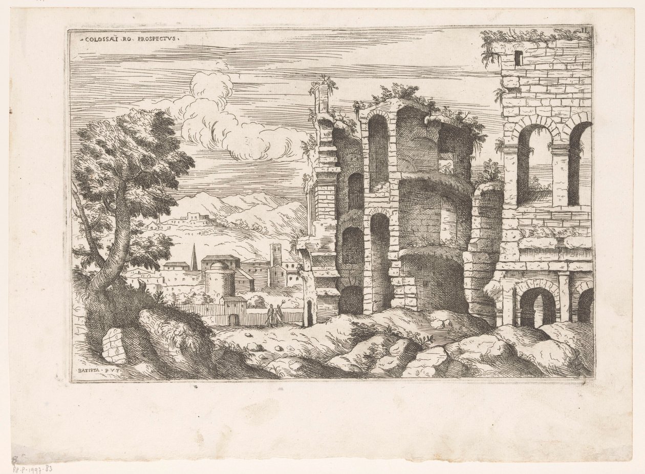 Gezicht op het Colosseum en omgeving te Rome door Giovanni Battista Pittoni (I)