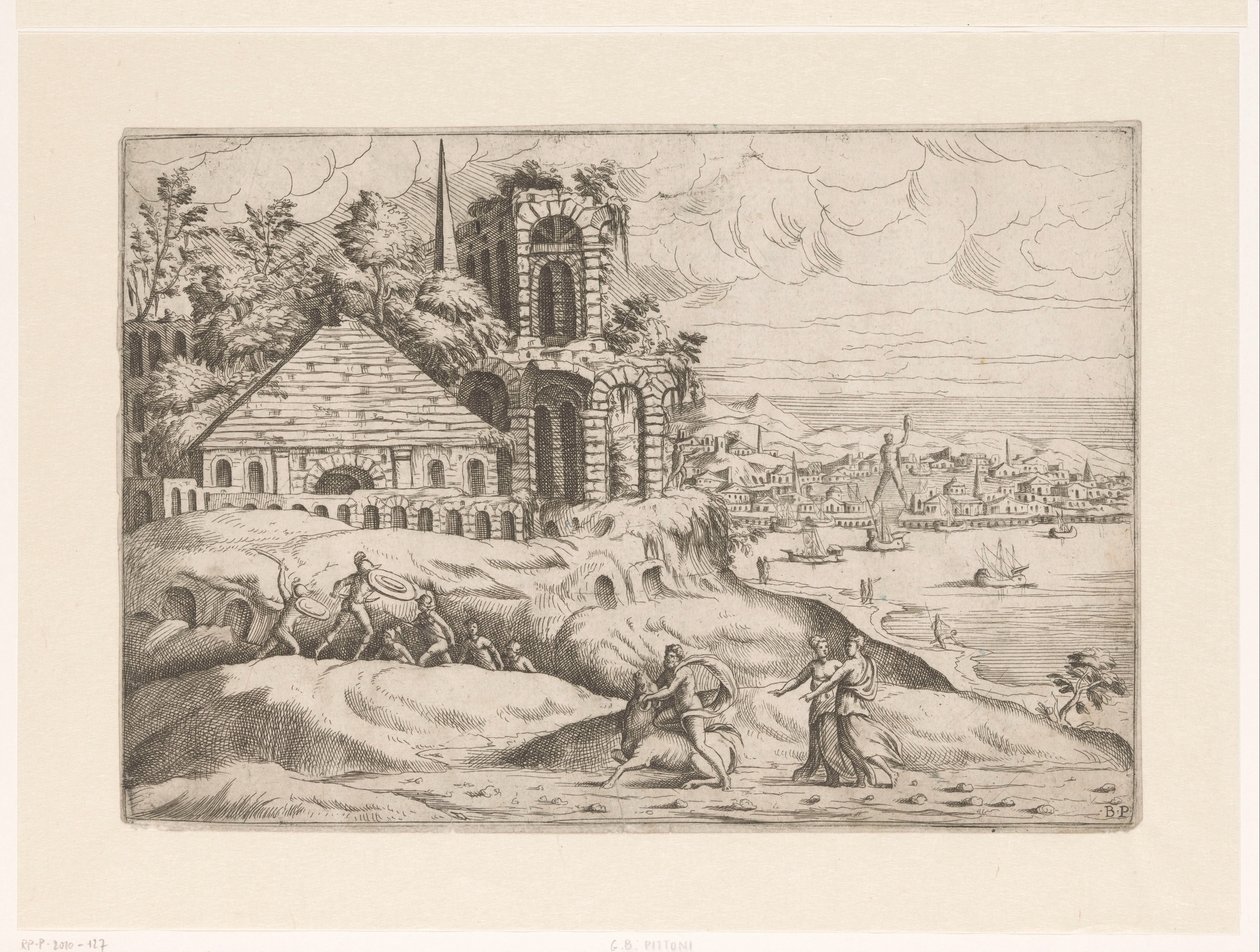 Landschap met antieke ruïnes en de Kolossus van Rhodos door Giovanni Battista Pittoni (I)