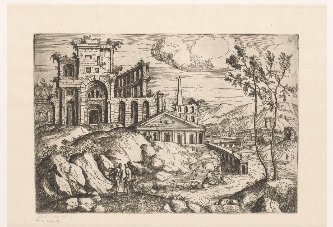 Landschap met ruïnes en fantasie-architectuur aan stromend water met waterval door Giovanni Battista Pittoni (I)
