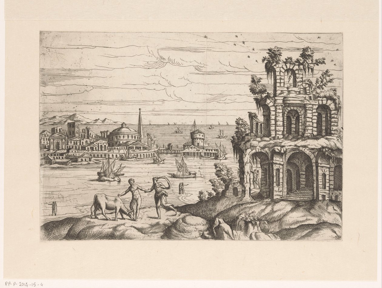 Stadsgezicht met ruïnes en fantasie-architectuur aan het water door Giovanni Battista Pittoni (I)