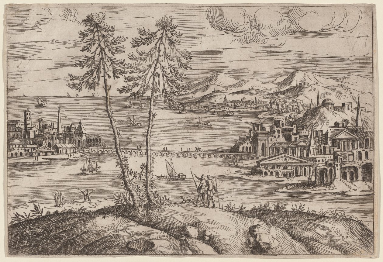 Landschap met twee bomen door Giovanni Battista Pittoni