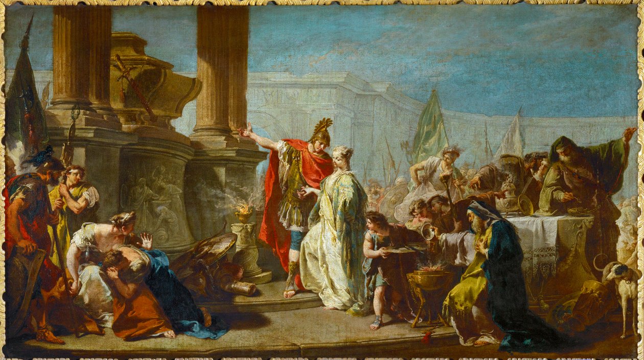 Polyxena, dochter van Priamos, koning van Troje, wordt geofferd als boetedoening aan de geest van de dode Achilles ... door Giovanni Battista Pittoni