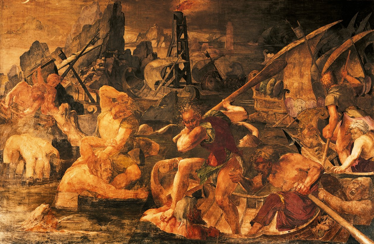 Zeeslag, fresco Galerie van Frans I, Kasteel van Fontainebleau (Werelderfgoed door UNESCO) door Giovanni Battista Rosso Fiorentino