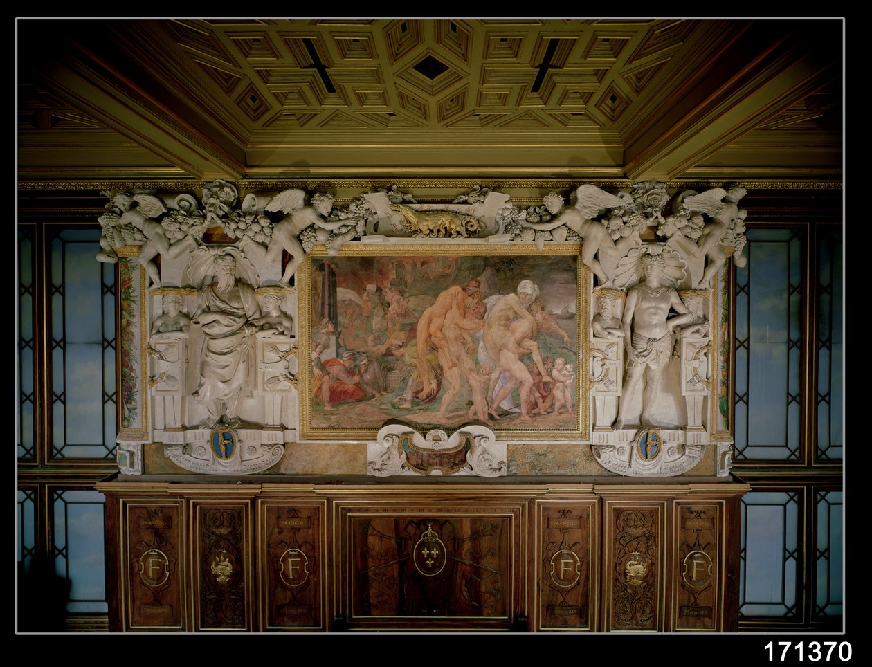 De Plundering van Troje of Catania, detail van het decoratieve schema in de Galerij van Frans I (1494-1547) 1535-40 door Giovanni Battista Rosso Fiorentino