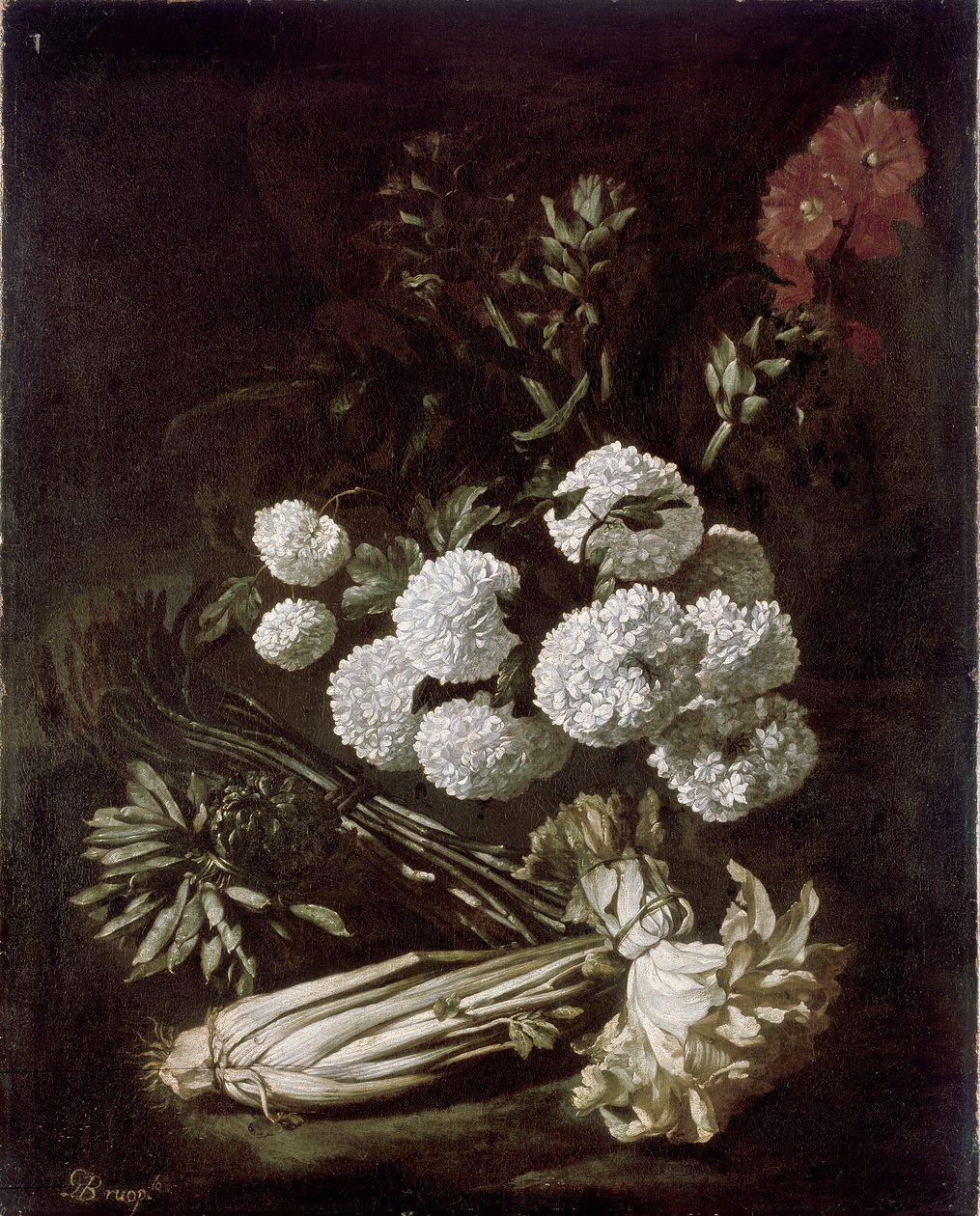 Stilleven van bloemen en groenten door Giovanni Battista Ruoppolo