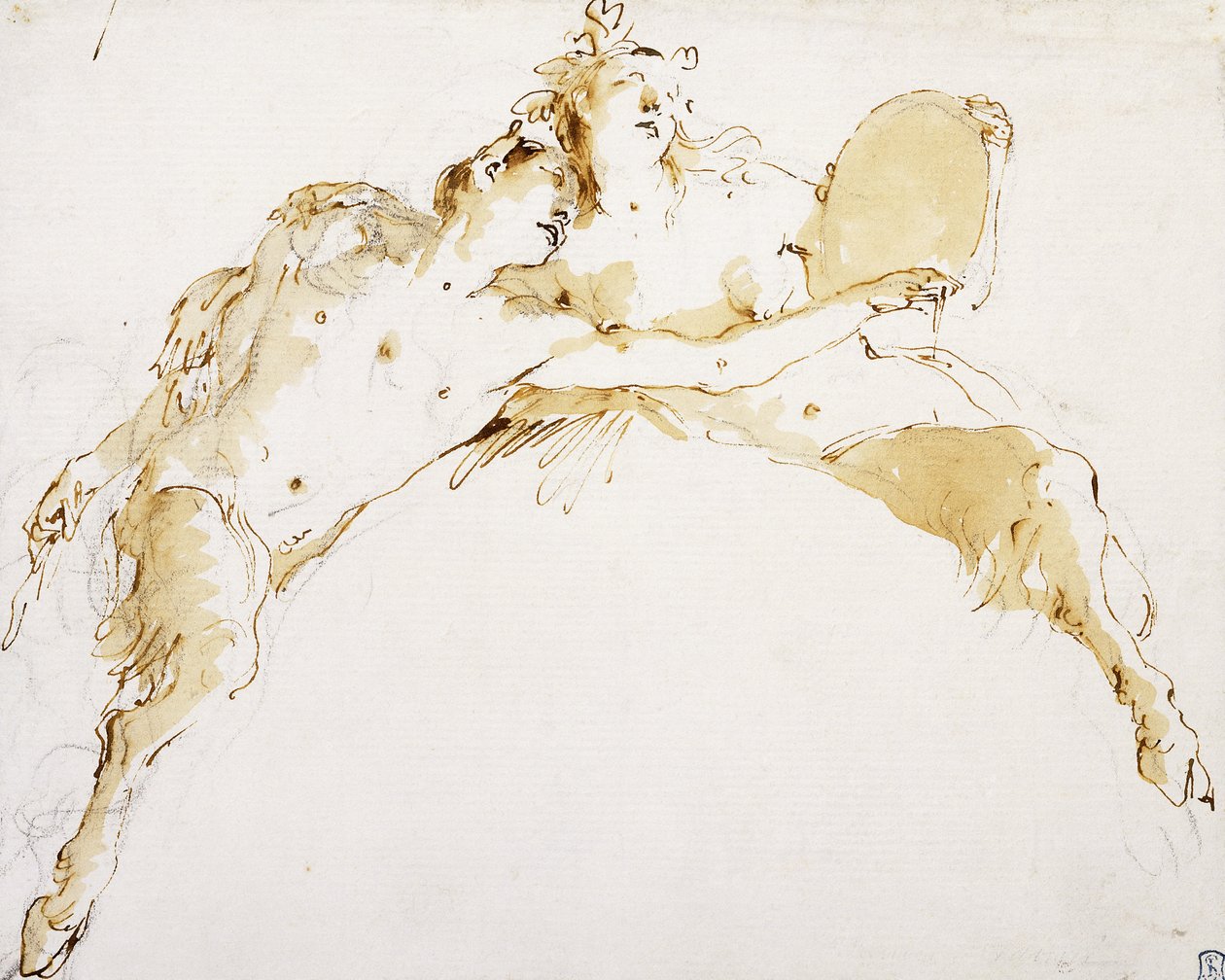 Een Faun, zijn Linkerarm Uitgestrekt, en een Fauness die een Tamboerijn vasthoudt door Giovanni Battista Tiepolo