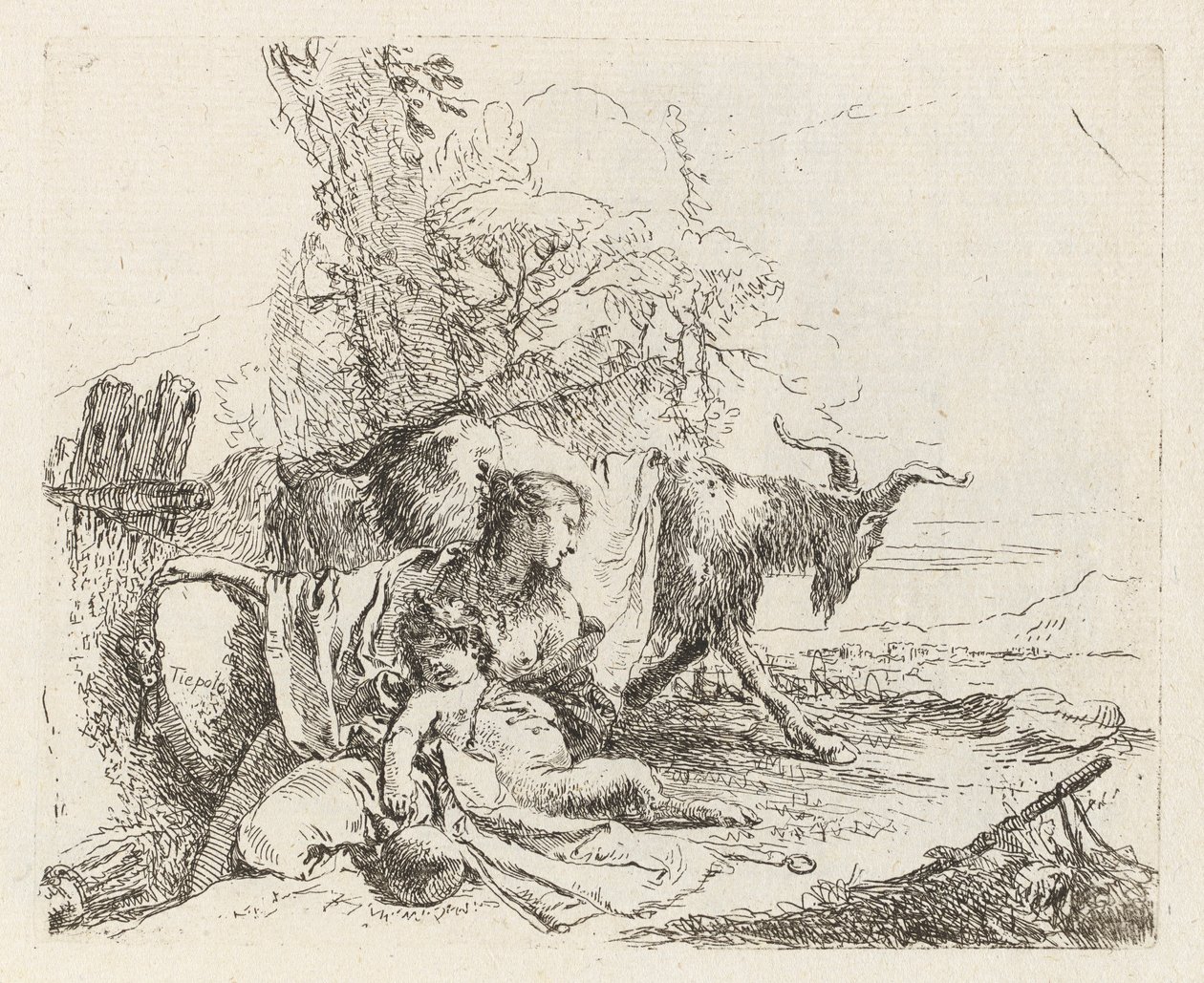 Een nimf met een kleine sater en twee geiten, uit Vari capricci door Giovanni Battista Tiepolo