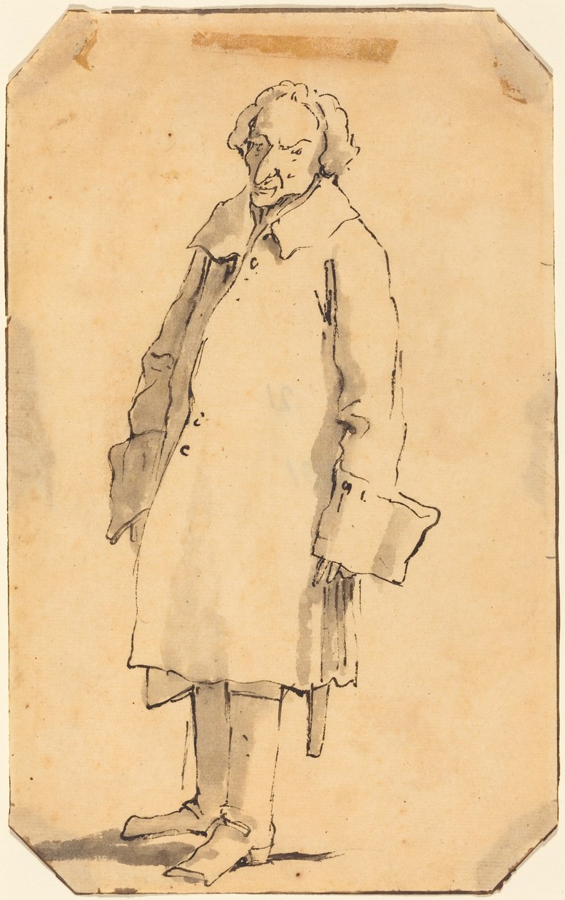 Een staande man in een lange jas en laarzen door Giovanni Battista Tiepolo