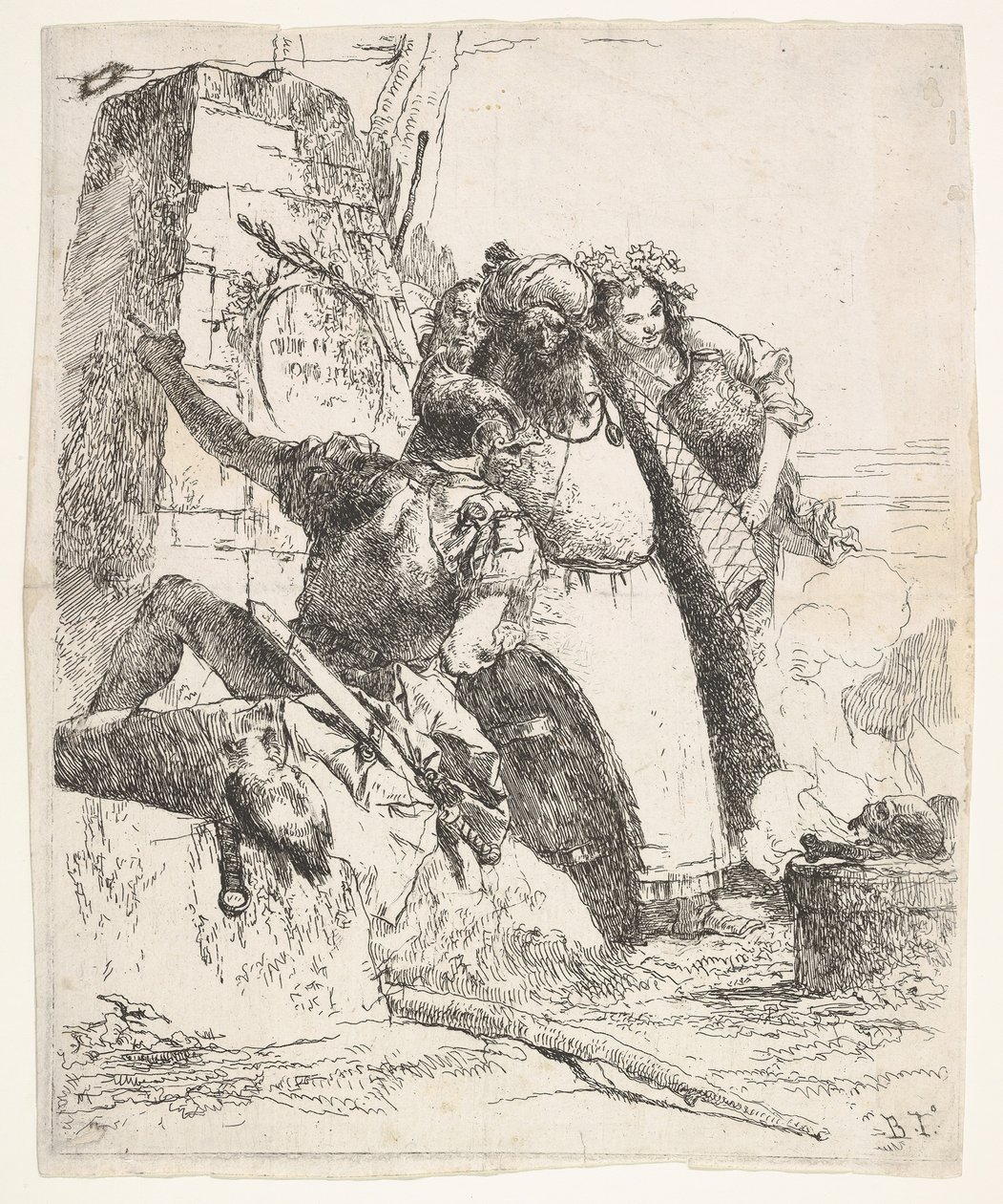 Een scène van necromantie: een vrouw met een vat, een geturband man en een soldaat kijken... door Giovanni Battista Tiepolo