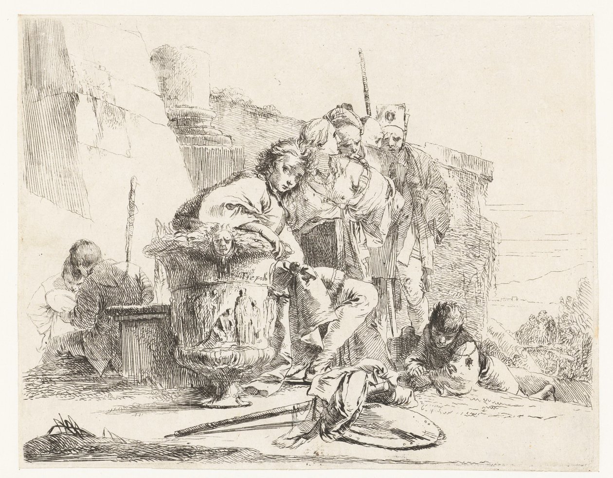 Jongen zittend naast een vaas met andere mensen door Giovanni Battista Tiepolo