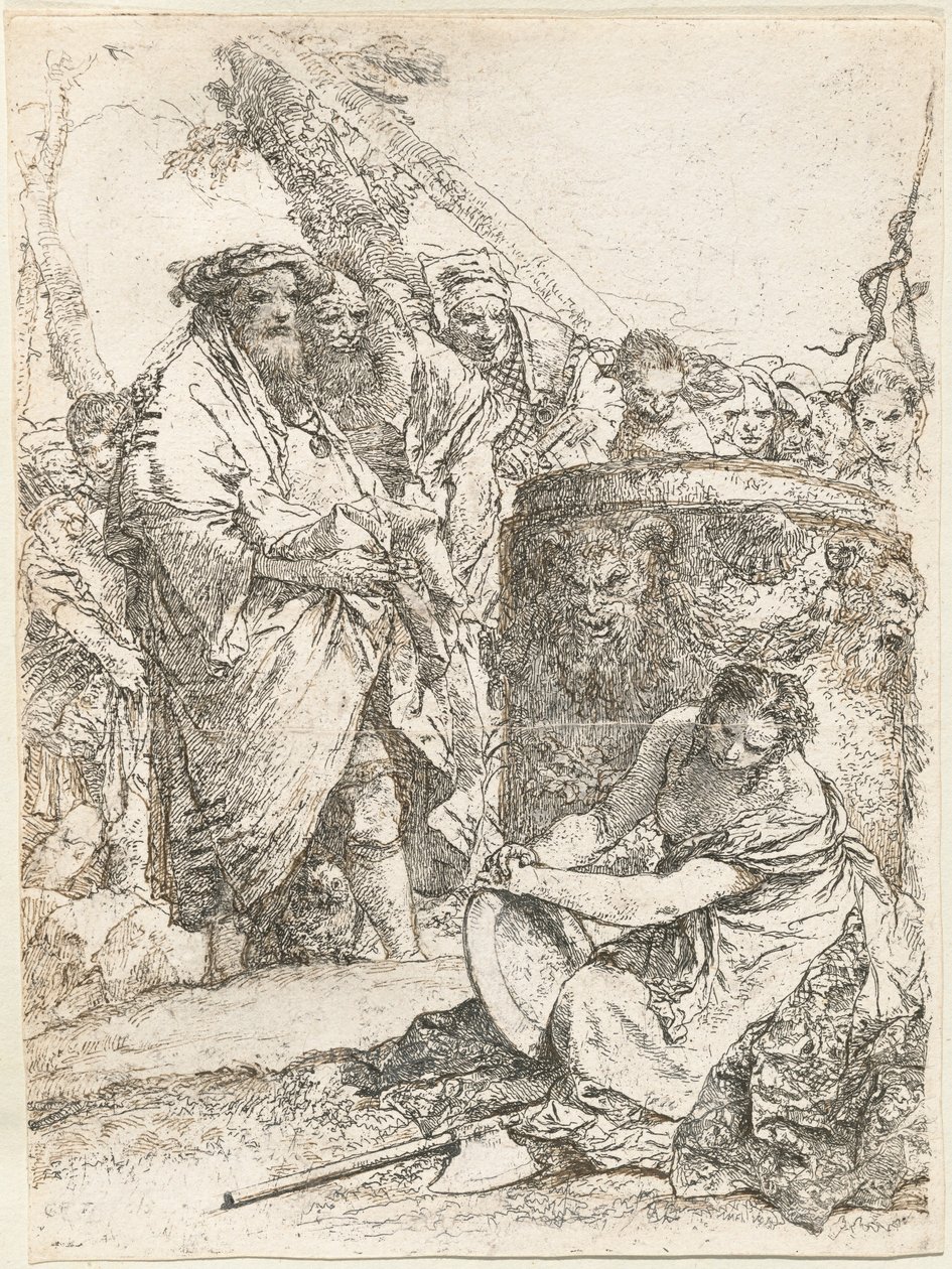 Tovenaar en andere figuren voor een brandend altaar met schedel en botten door Giovanni Battista Tiepolo