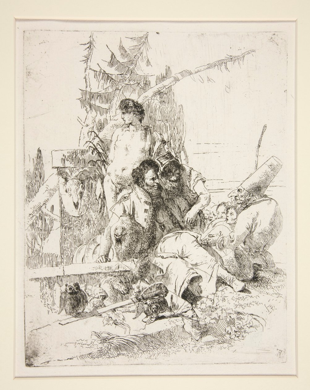 Punchinello praat met de twee magiërs, uit de serie Scherzi di Fantasia door Giovanni Battista Tiepolo