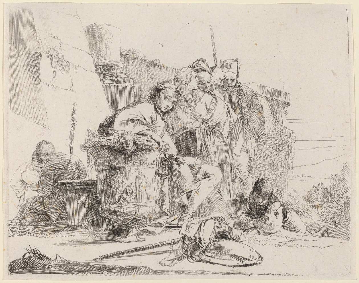 Zittende jongeling leunend tegen een urn door Giovanni Battista Tiepolo