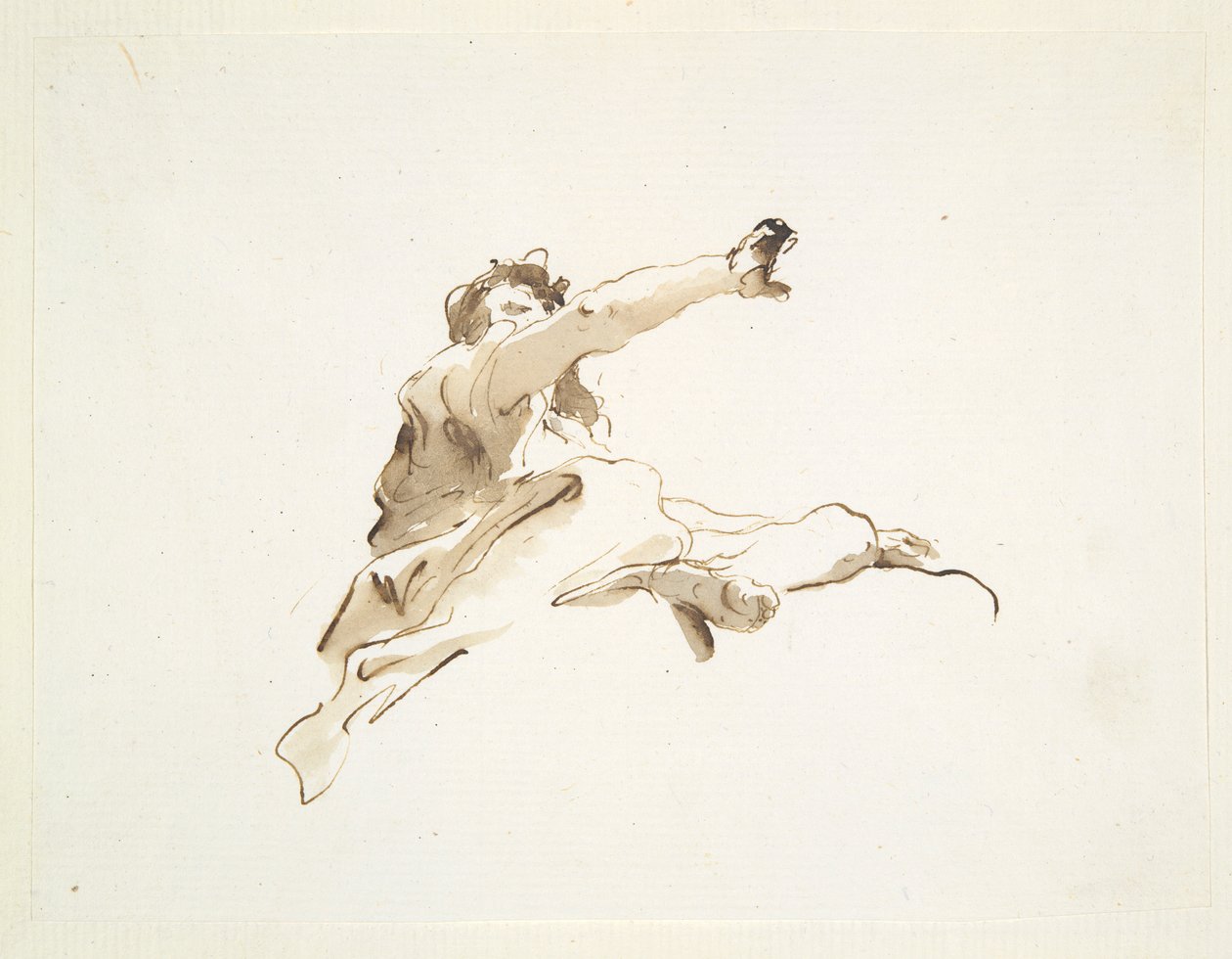 Zittende figuur met het hoofd naar links gedraaid en de rechterarm omhoog, van onderaf gezien door Giovanni Battista Tiepolo