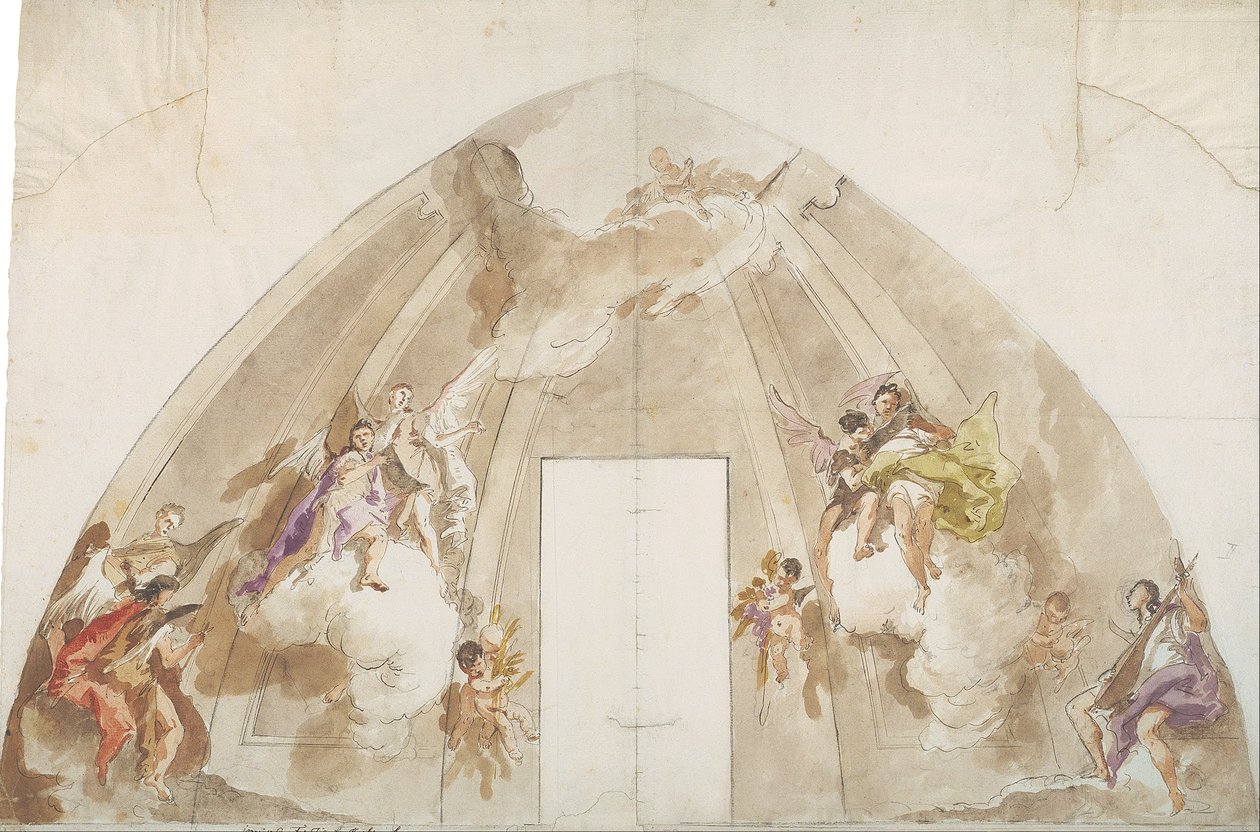 Zingende en musicerende engelen: Voorbereidende tekening voor het plafond van de kathedraal van Udine door Giovanni Battista Tiepolo