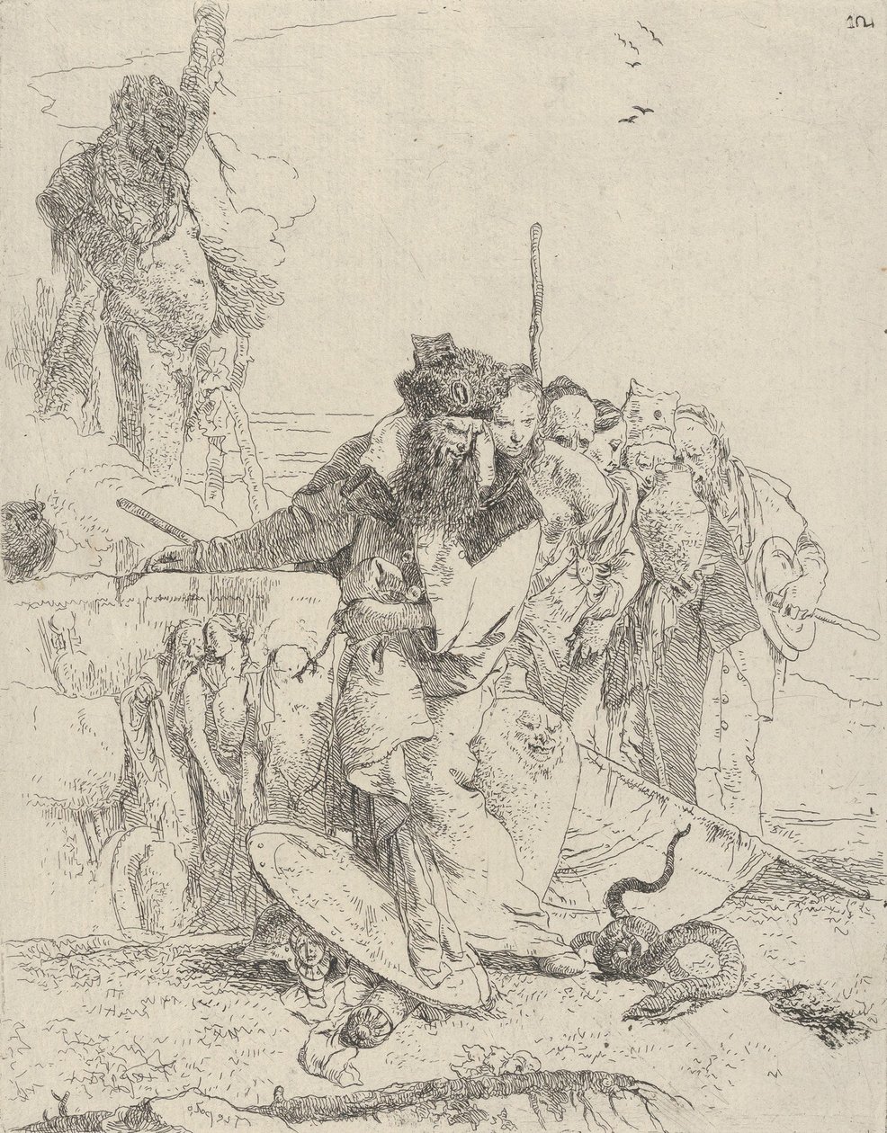 Zes mensen kijken naar een slang, uit de Scherzi, ca. 1743-1750 door Giovanni Battista Tiepolo