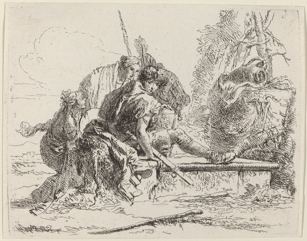 Soldaat zittend op een graf met omringende figuren door Giovanni Battista Tiepolo