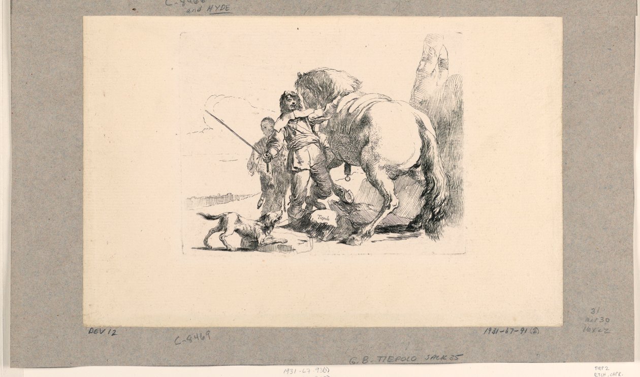Soldaat met paard en knecht, uit de Vari Capricci door Giovanni Battista Tiepolo