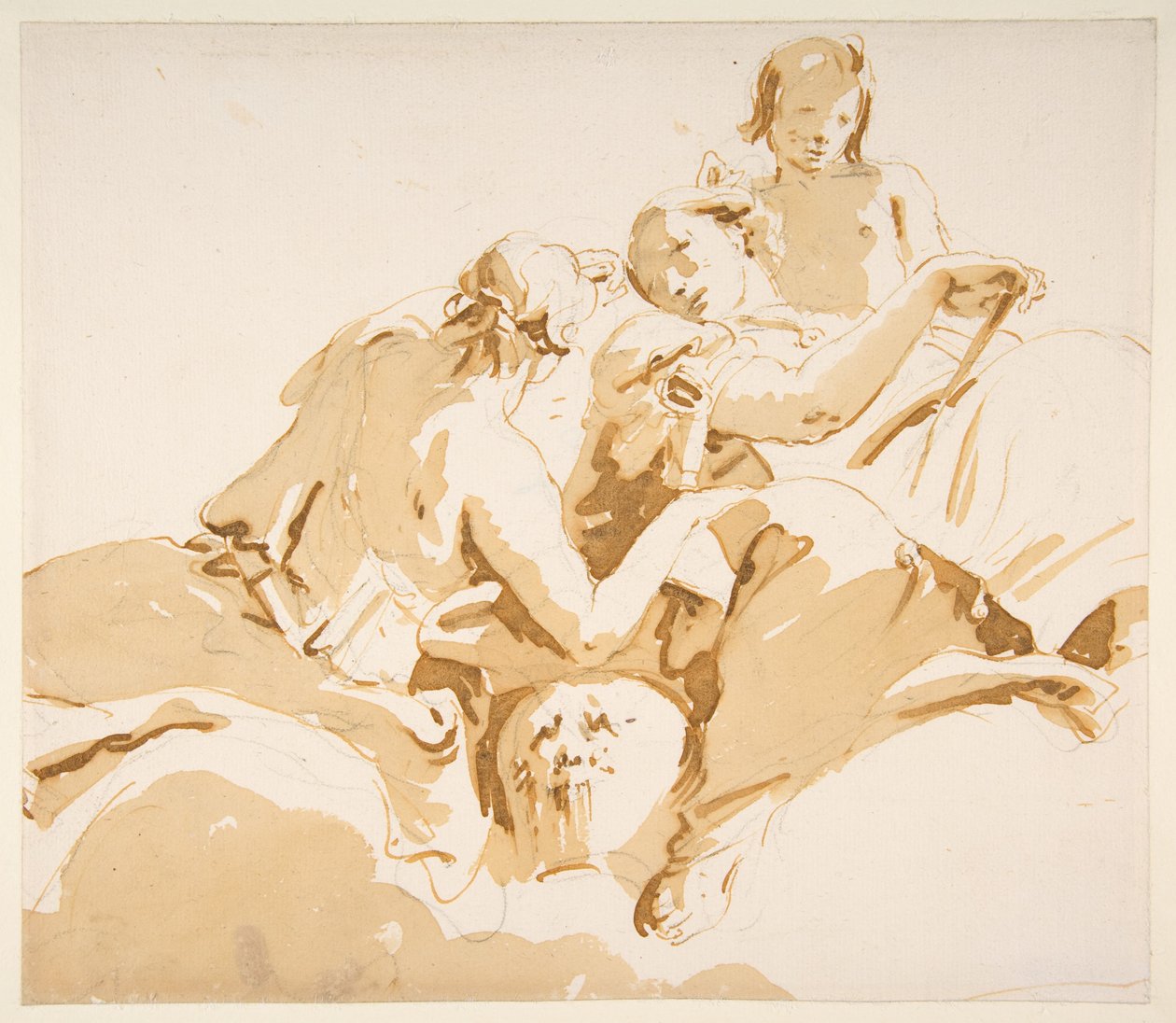 Zwei sitzende Frauen und ein Junge auf Wolken door Giovanni Battista Tiepolo