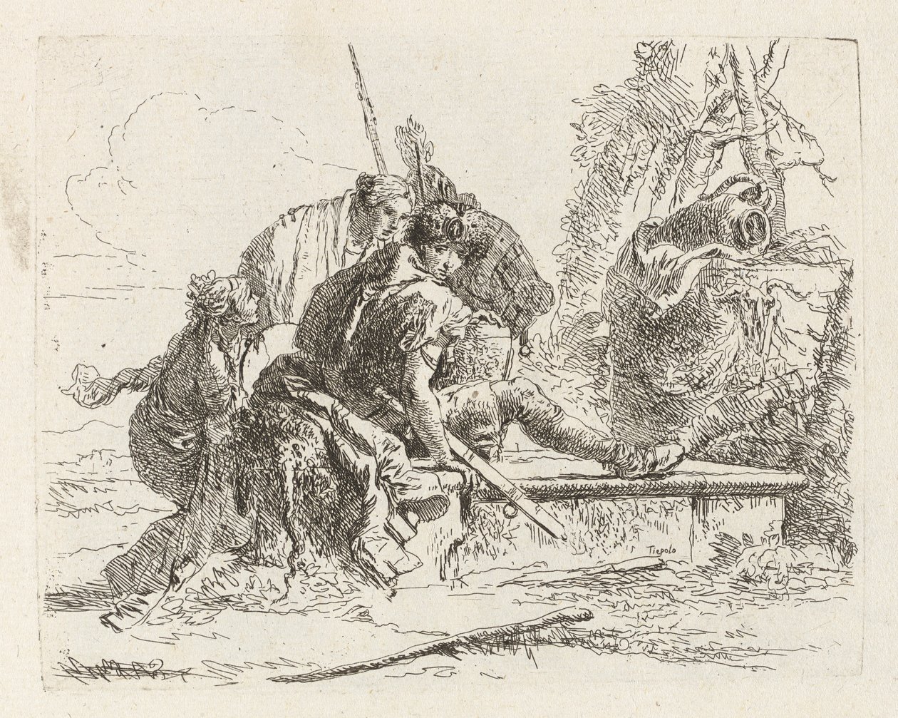 Twee Soldaten en Twee Vrouwen, uit Vari capricci (Verschillende Capriccios) door Giovanni Battista Tiepolo