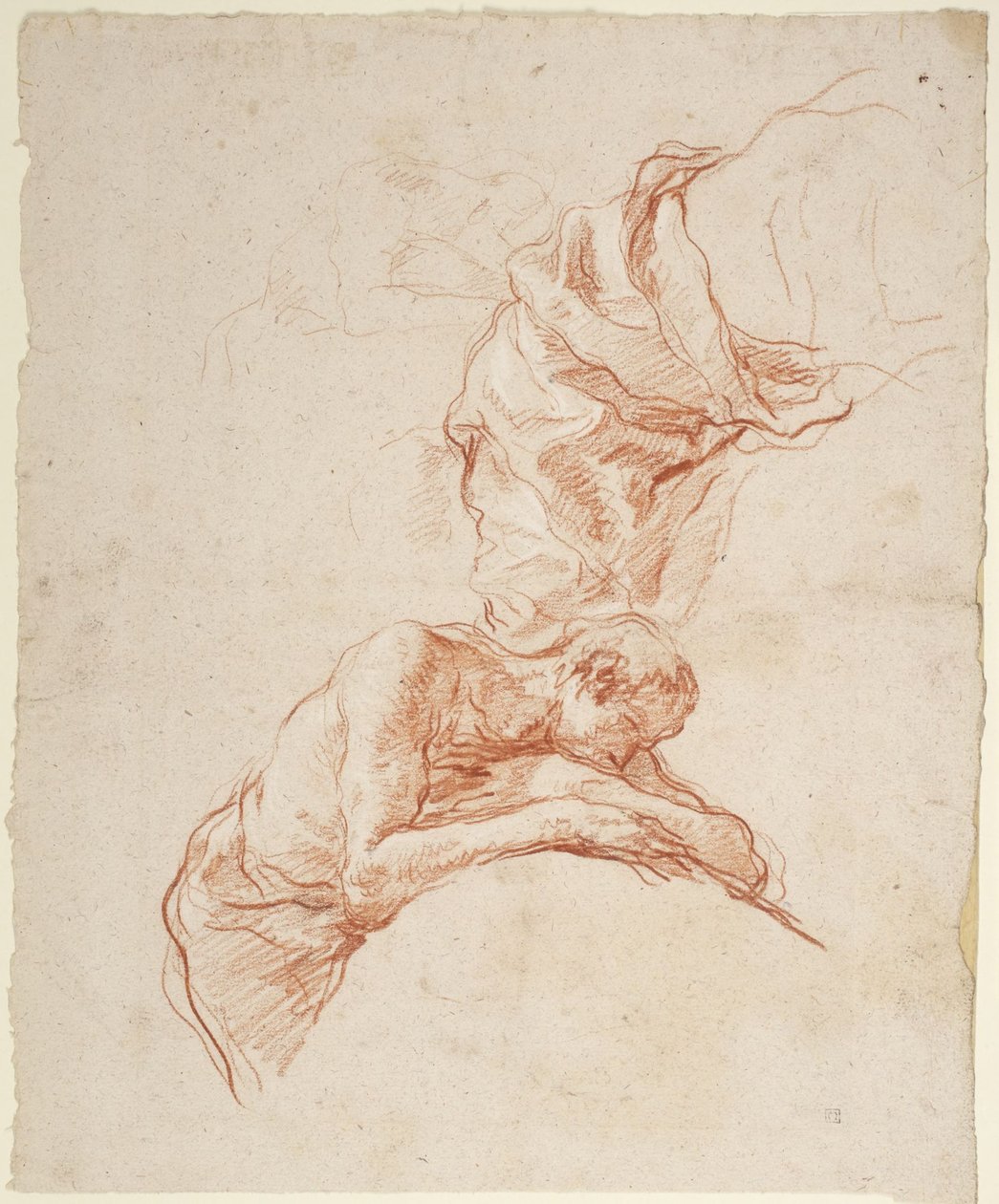 Twee studies van gedeeltelijk gesluierde mannelijke figuren; achterzijde: studies van benen en een voet door Giovanni Battista Tiepolo