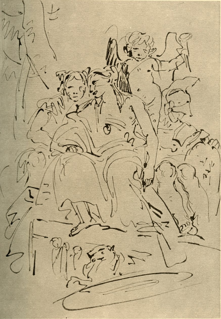 Twee vrouwen, Eros en een soldaat, midden 18e eeuw, 1928 door Giovanni Battista Tiepolo