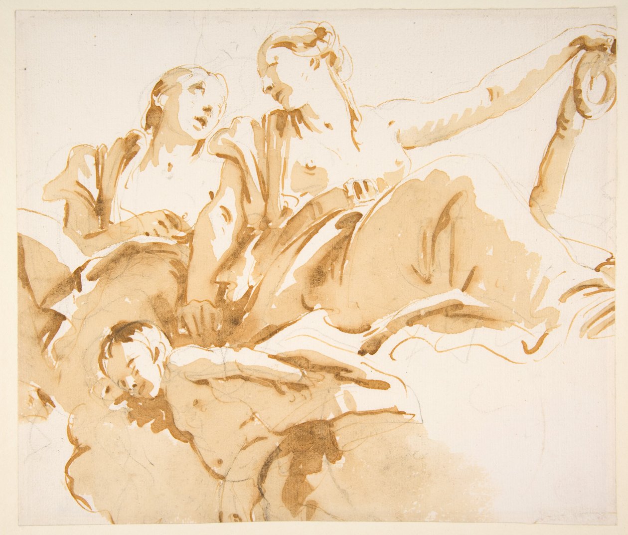 Zwei Frauen, eine hält einen Anker, und ein Putto auf Wolken door Giovanni Battista Tiepolo