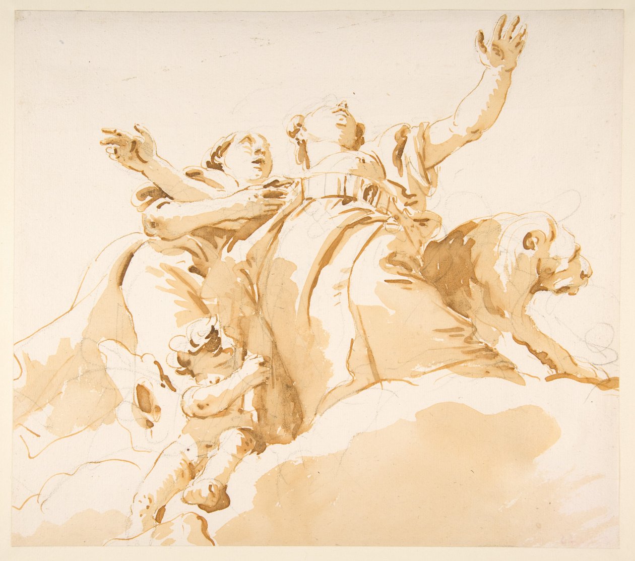 Zwei Frauen, ein Löwe und ein Putto auf Wolken door Giovanni Battista Tiepolo