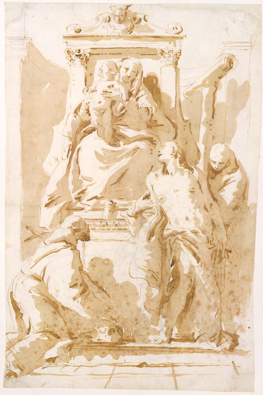 Jungfrau und Kind mit Heiligem Johannes vom Kreuz (?), Heiligem Sebastian und Heiligem Peter von Alcantara door Giovanni Battista Tiepolo