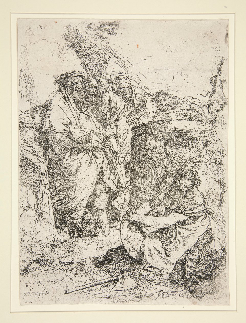 Vrouw knielend en een schaal vasthoudend, uit de serie Scherzi door Giovanni Battista Tiepolo