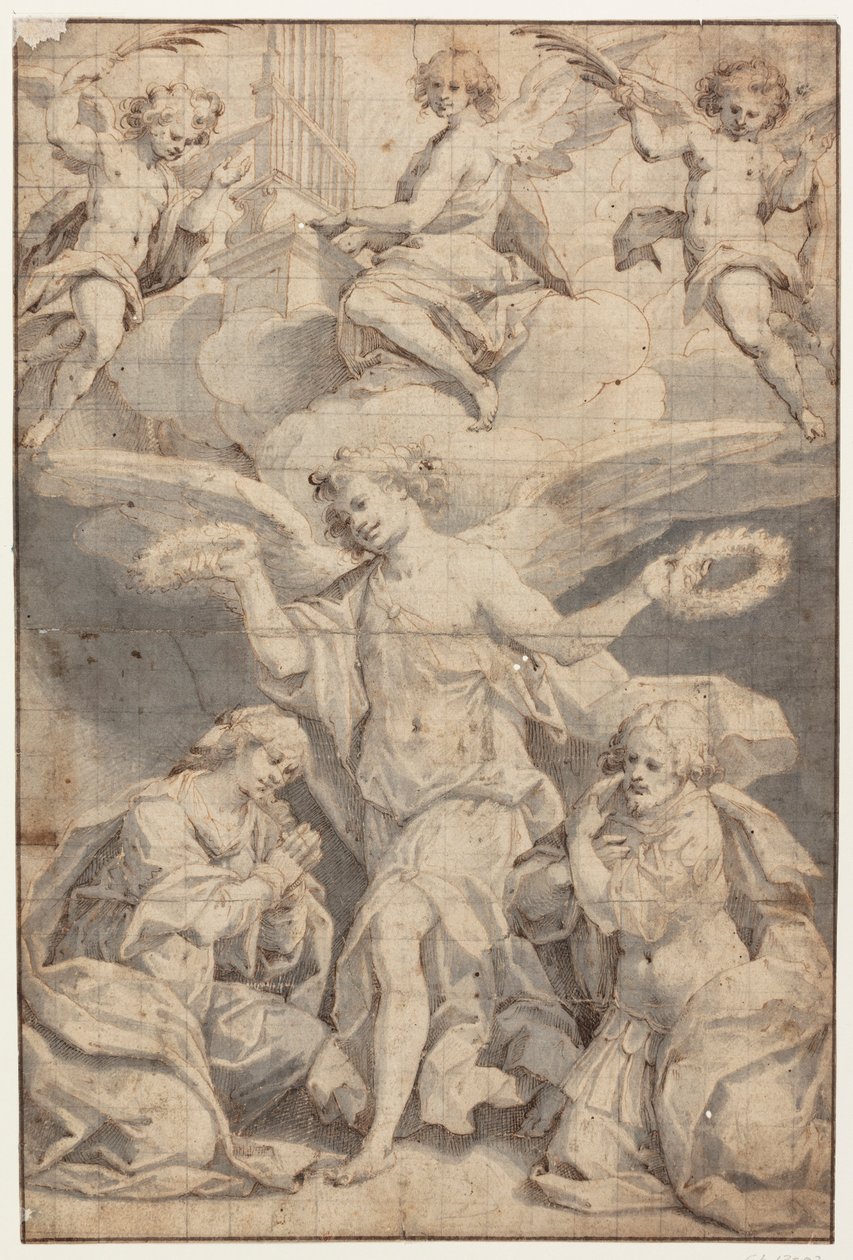 Een engel kroont een knielende vrouw en een knielende soldaat, terwijl twee engelen in de wolken met palmtakken komen vliegen en een derde op een orgel speelt door Giovanni Battista Trotti