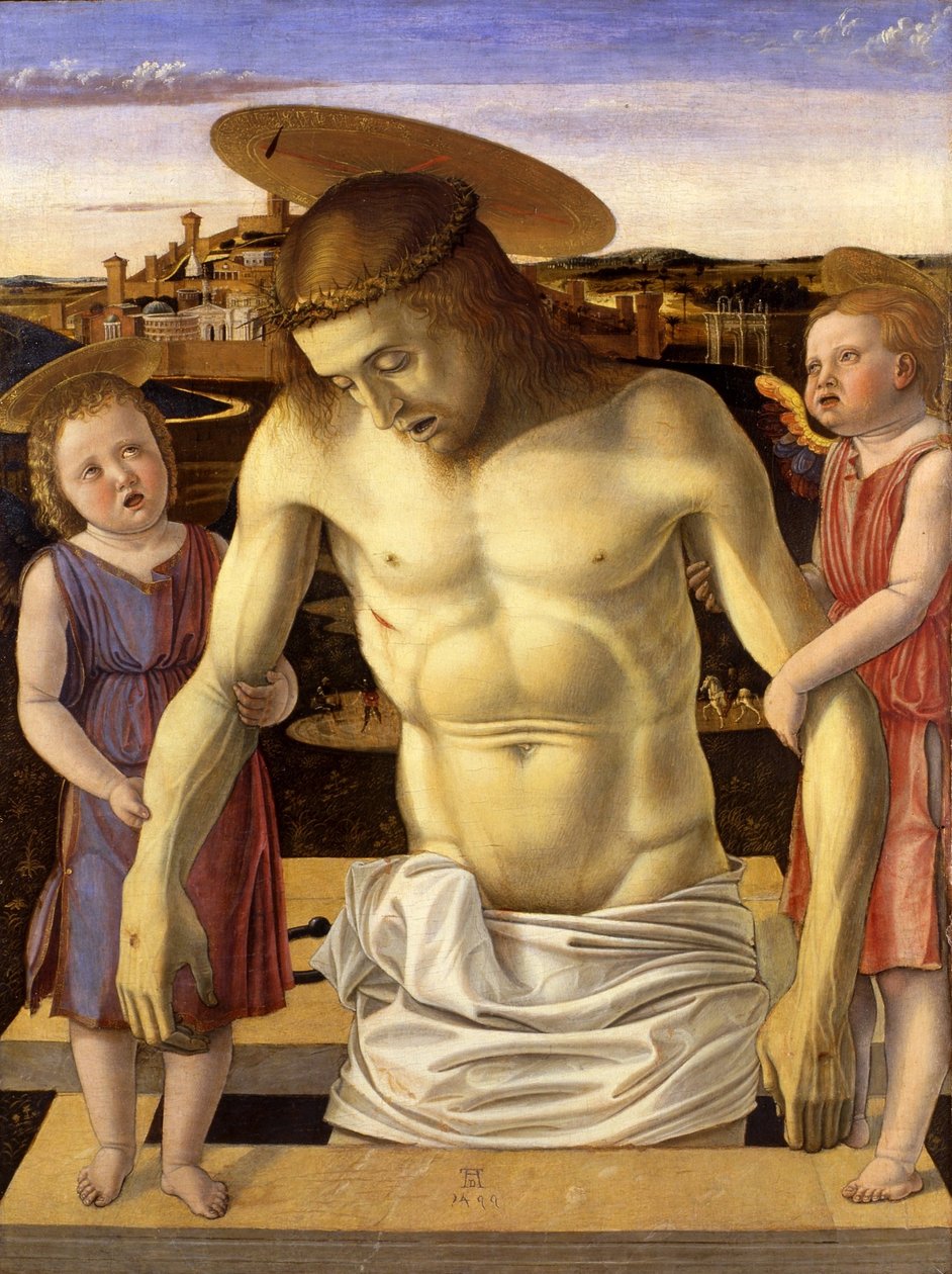 Italian:  Cristo morto sorretto da due angeli Dode Christus ondersteund door twee engelen door Giovanni Bellini