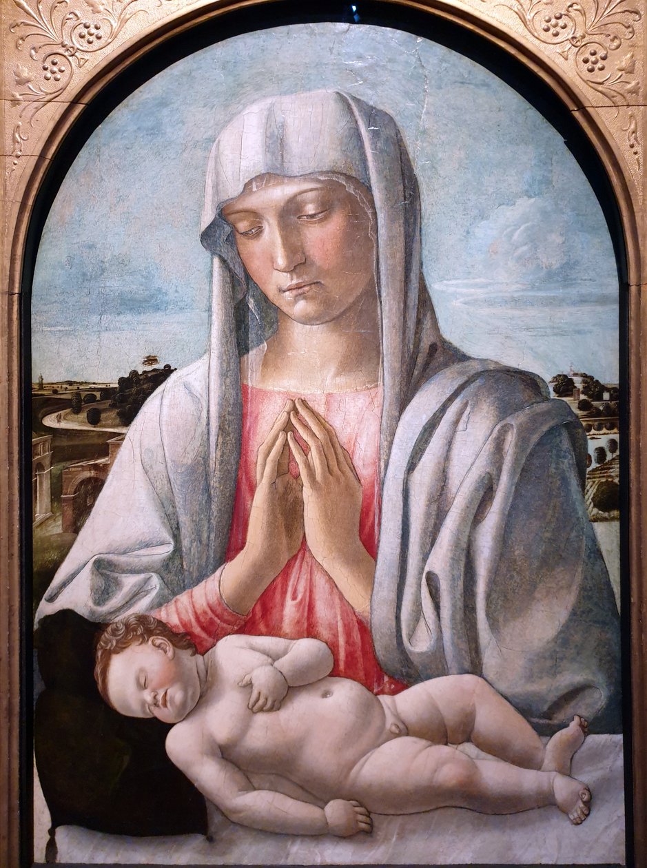 Madonna die het slapende kind aanbidt door Giovanni Bellini