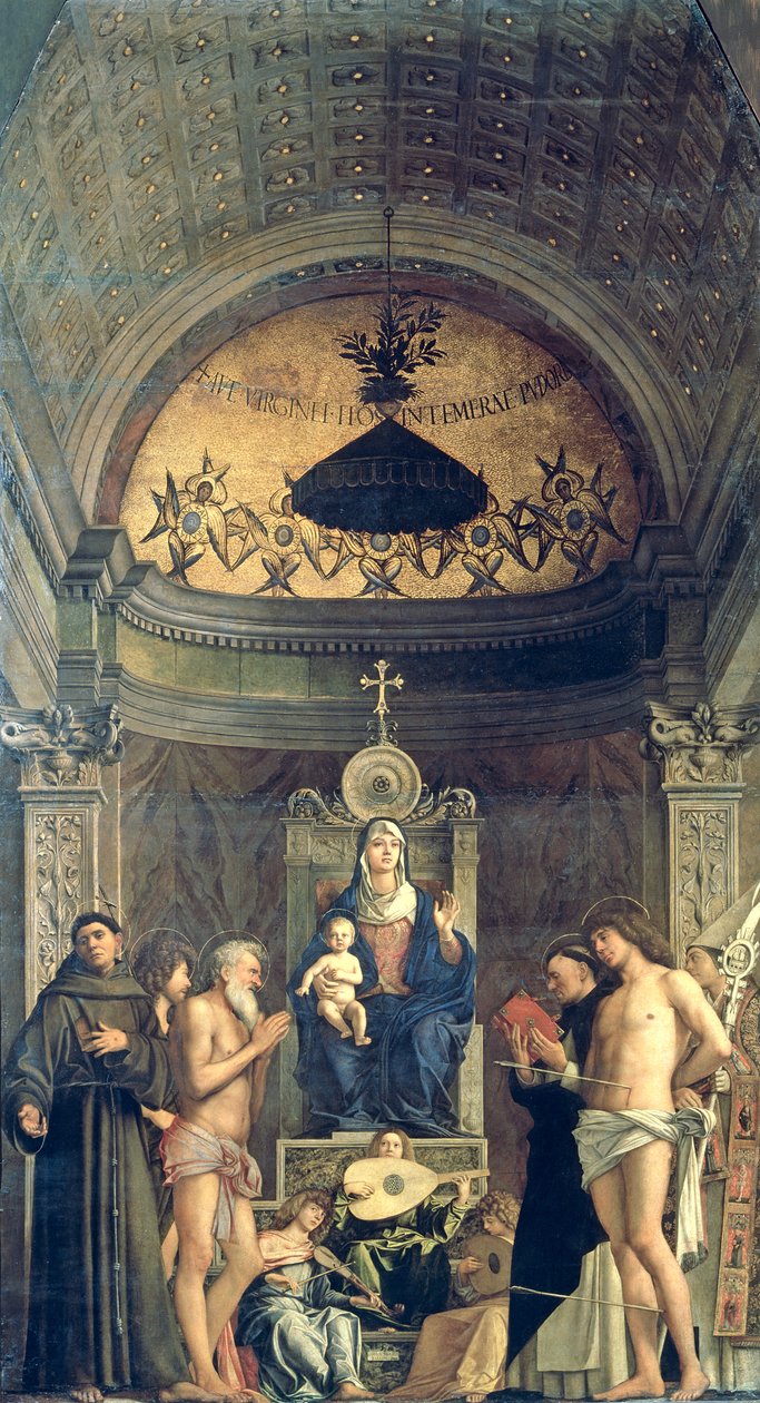 Madonna en Kind Enthroned tussen SS. Franciscus, Johannes de Doper, Job, Dominicus, Sebastiaan en Lodewijk (het San Giobbe Altaarstuk) ca. 1487 door Giovanni Bellini