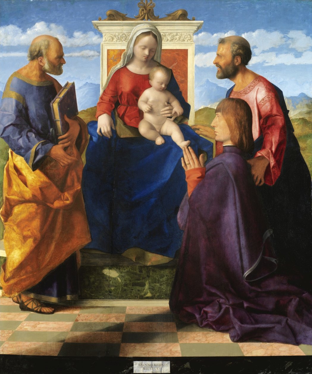 Madonna en kind met heiligen en schenker door Giovanni Bellini
