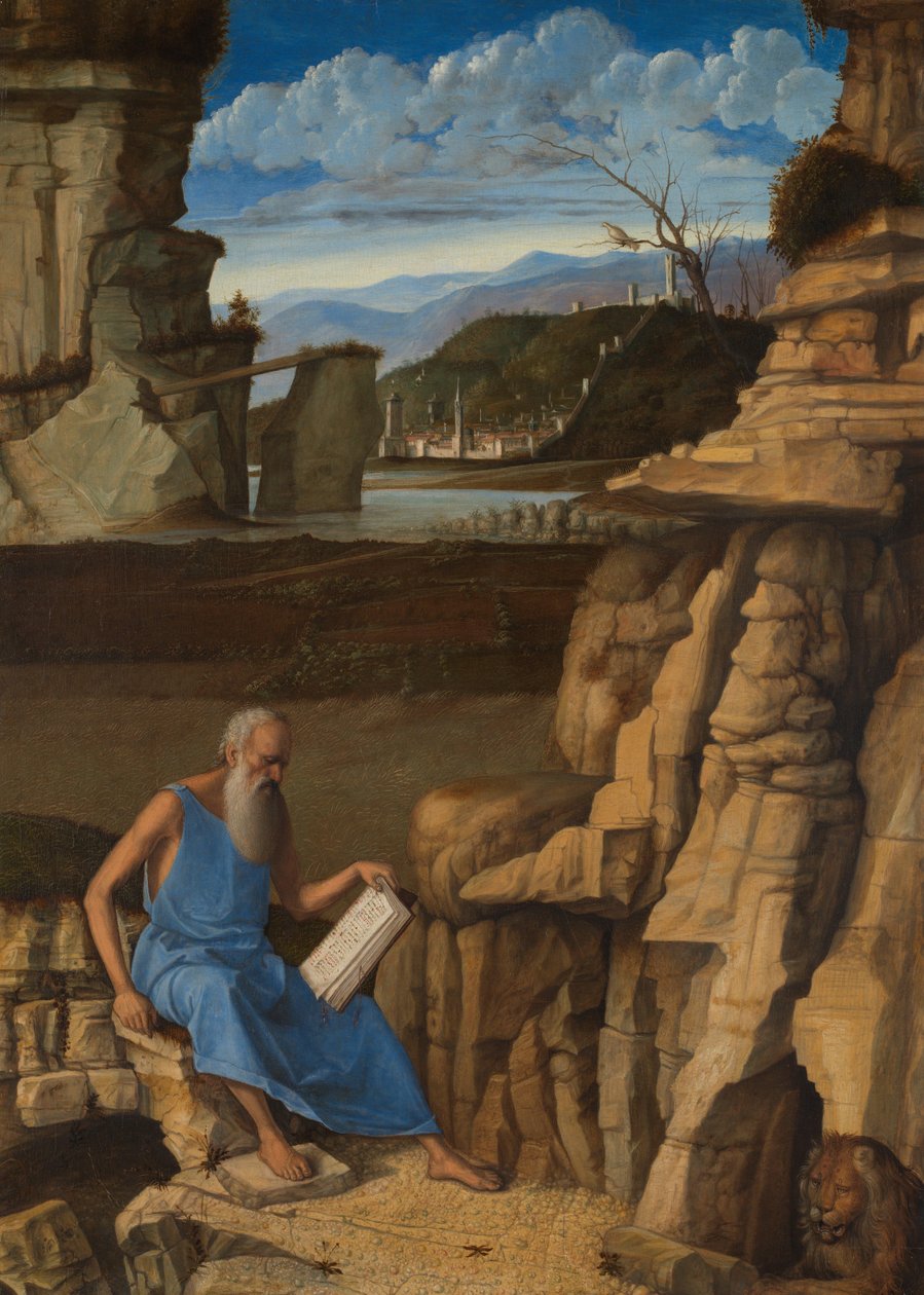 Hiëronymus lezend in een landschap door Giovanni Bellini
