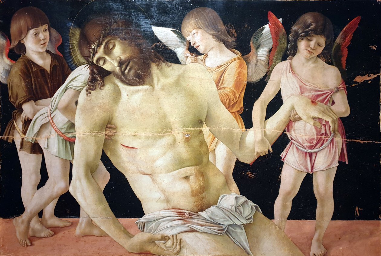 De dode Christus, ondersteund door vier engelen door Giovanni Bellini
