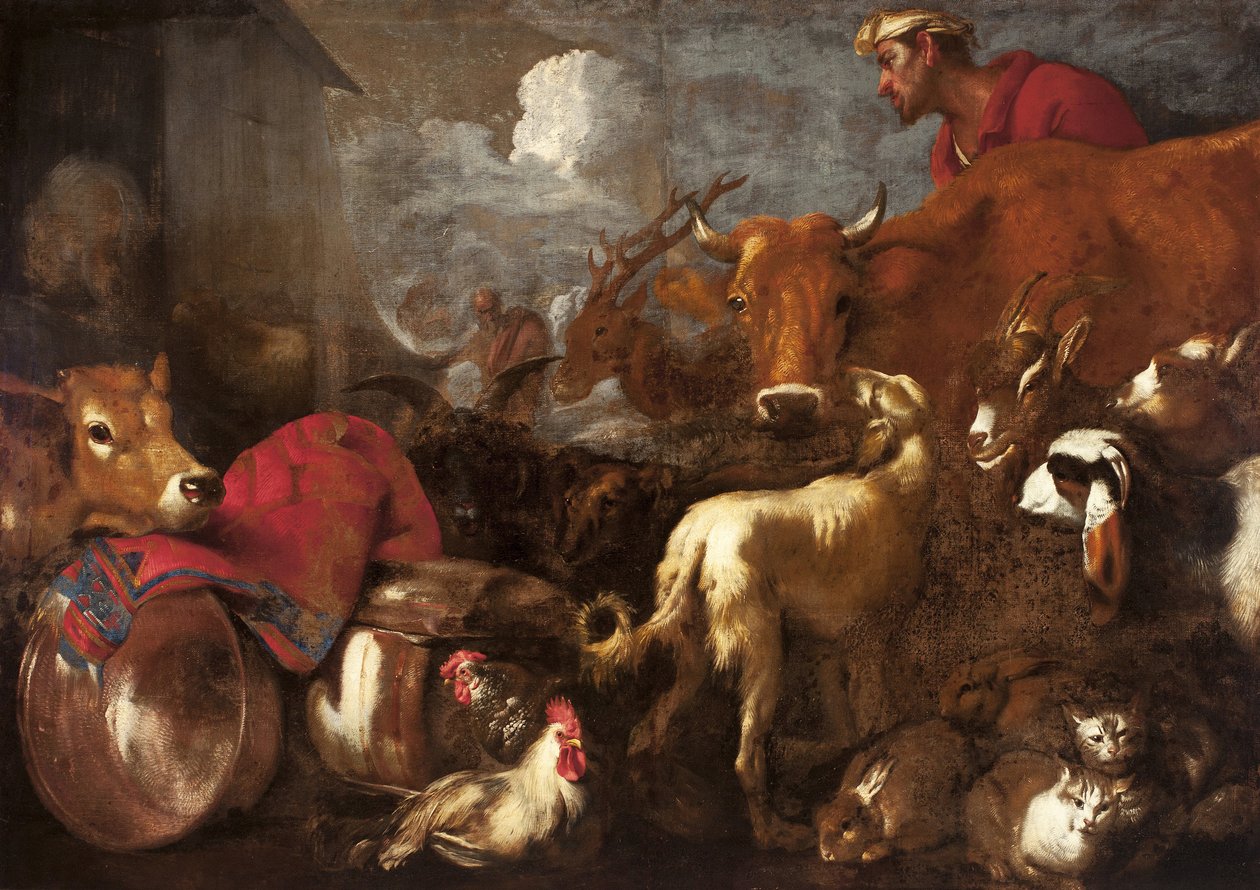 De dieren gaan aan boord van de ark van Noach door Giovanni Benedetto Castiglione
