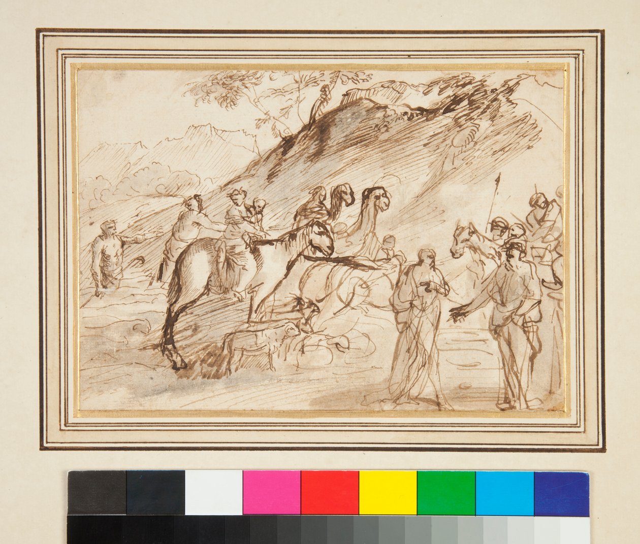 Een Ontmoeting tussen Twee Mannen, Paarden en Kamelen op de Achtergrond door Giovanni Benedetto Castiglione