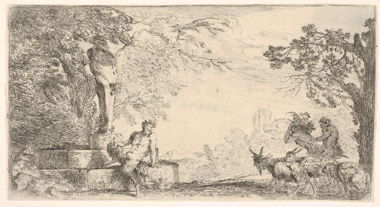 Een sater liggend aan de voet van een standbeeld van Priapus, geiten rechts door Giovanni Benedetto Castiglione