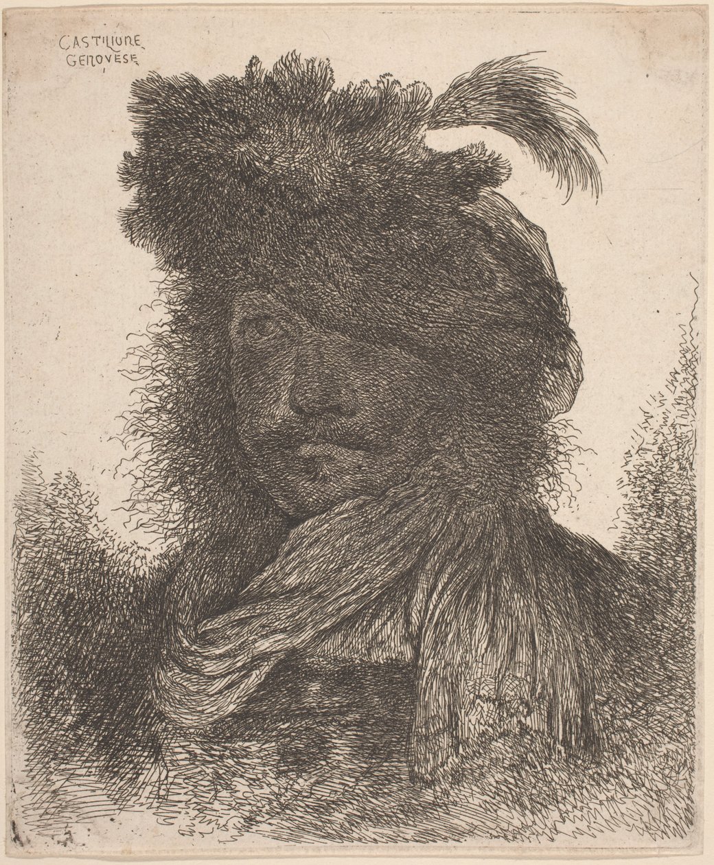Baardige man met schaduwgezicht, met een sjaal en een gevederde hoed door Giovanni Benedetto Castiglione