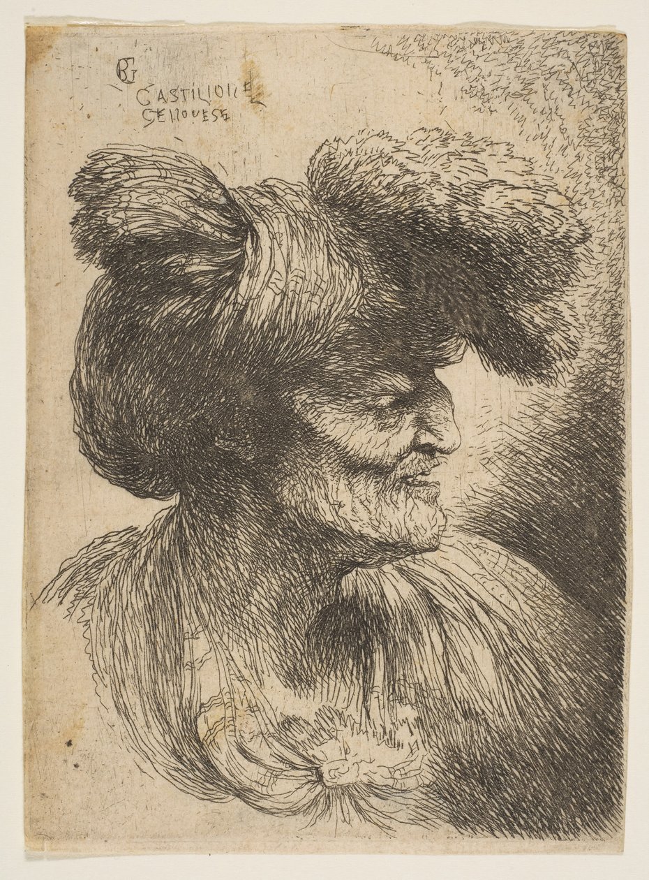 Buste van een Oude Man zonder Baard in Profiel door Giovanni Benedetto Castiglione