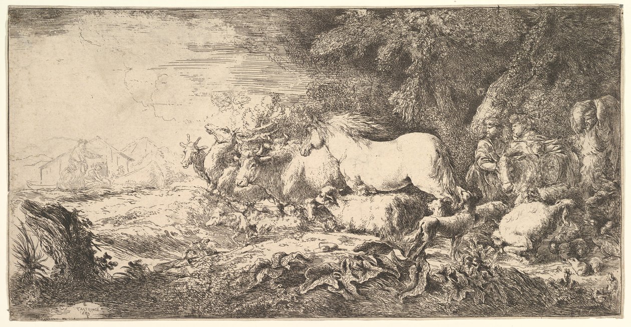 De intocht van de dieren in de ark van Noach, drie mannen volgen viervoeters en vogels die lopen..., ca. 1650-55 door Giovanni Benedetto Castiglione