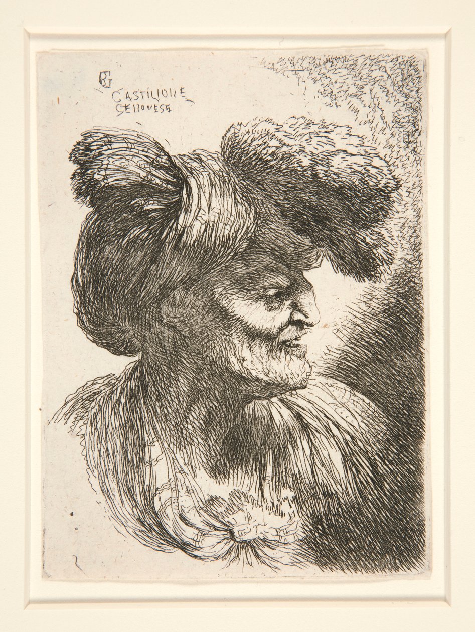 Figuur naar rechts, uit de serie Kleine studies van hoofden door Giovanni Benedetto Castiglione