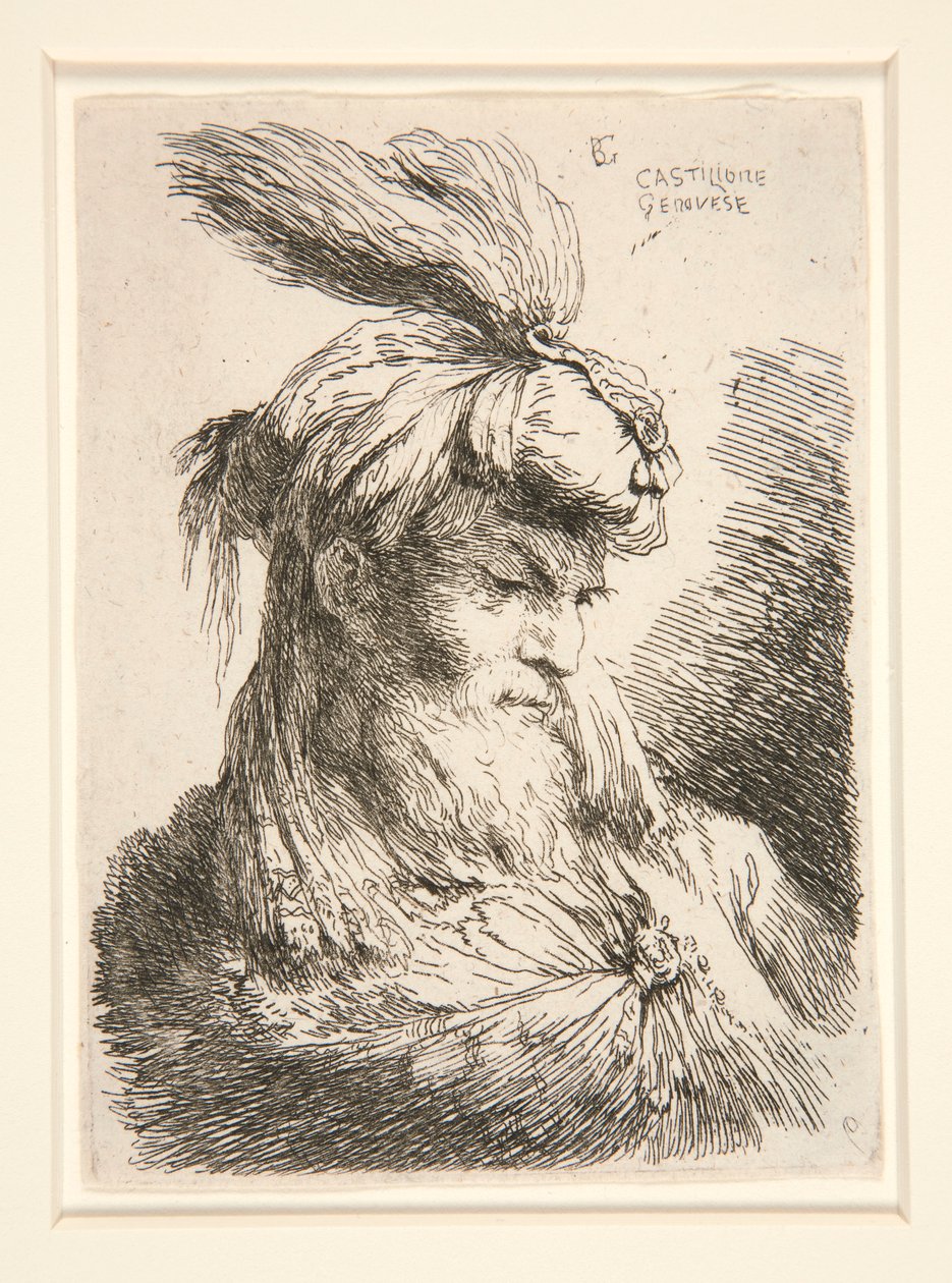 Figuur naar rechts, uit de serie Kleine studies van hoofden door Giovanni Benedetto Castiglione