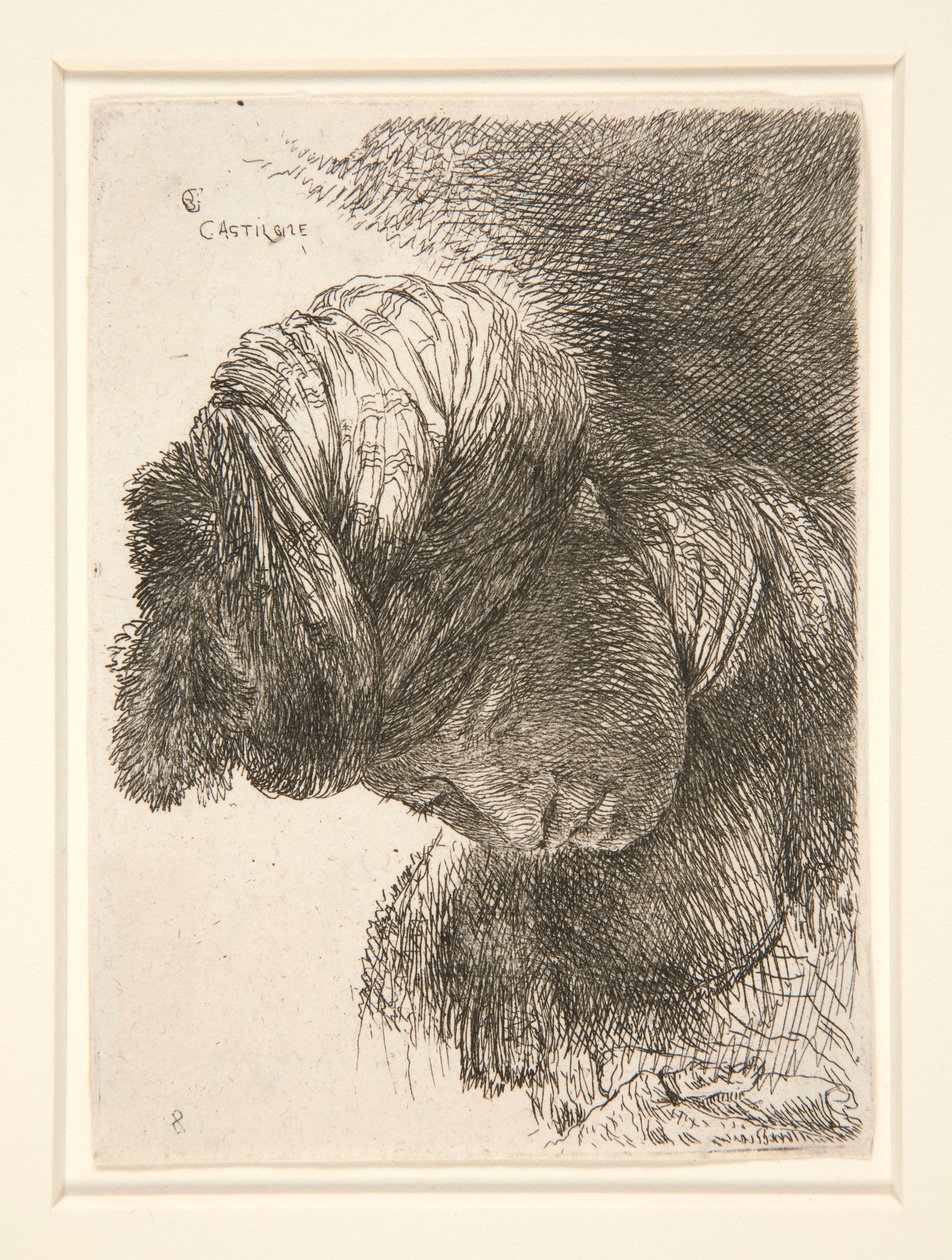 Figuur met gebogen hoofd, uit de serie Kleine studies van hoofden door Giovanni Benedetto Castiglione