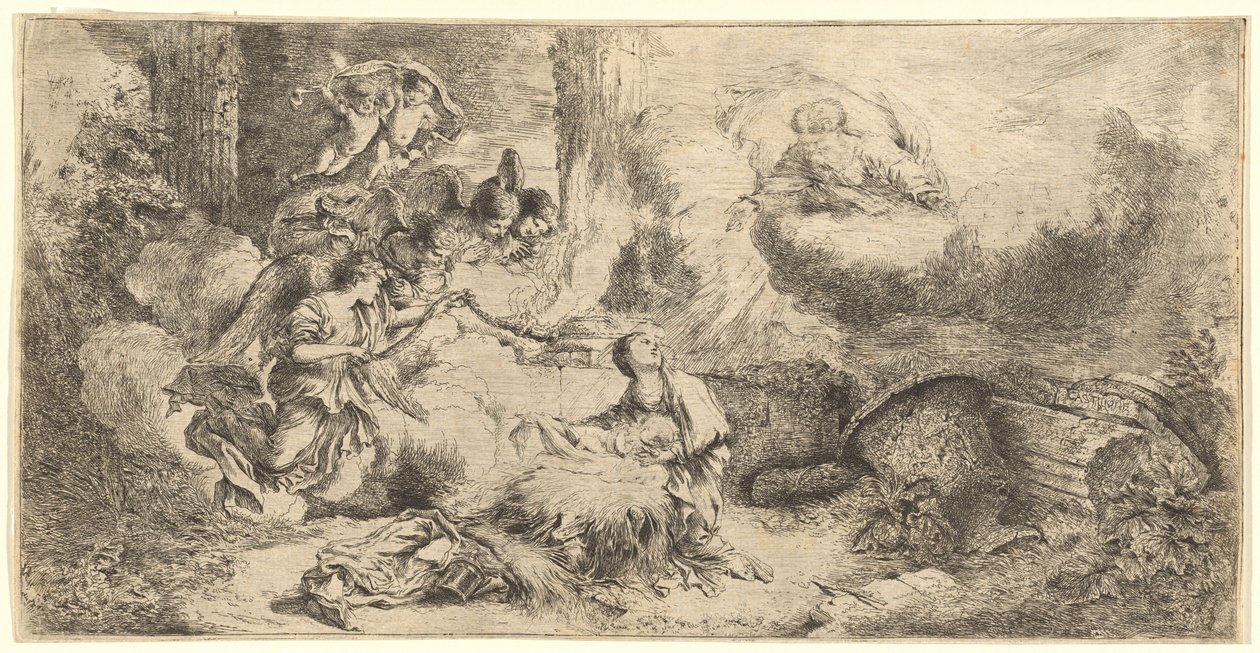 God de Vader en Engelen die het Christuskind Aanbidden door Giovanni Benedetto Castiglione